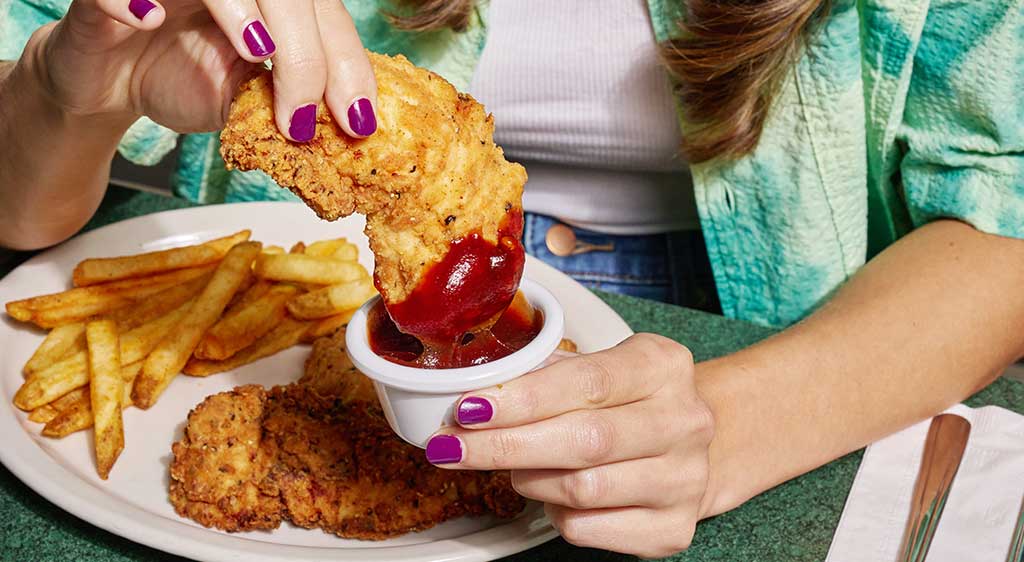 fried chicken tender dip with bbq and fries